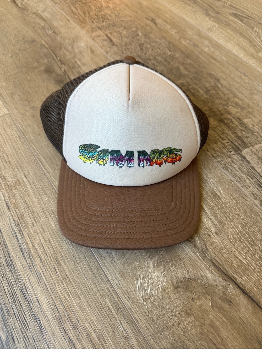 Simms Brown and White Trucker Hat with Multicolor Fish Logo